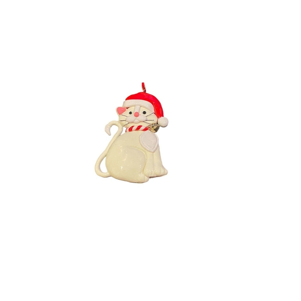 Santa White‎ Cat Kitten Kitty Christmas Holiday Ornament Hat Bell Polymer Clay